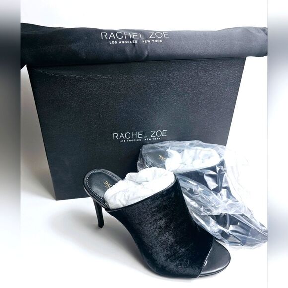 NEW RACHEL ZOE Marlene Black Velvet Peep Toe Mule Heels Size 7 - Picture 2 of 10